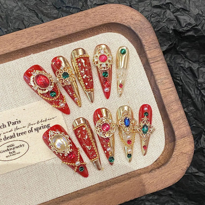 10pcs Green Long-pointed Press On Nails For Wedding Flash Gold Foil Chain Decors Luxury False Nails New Year French Fake Nail