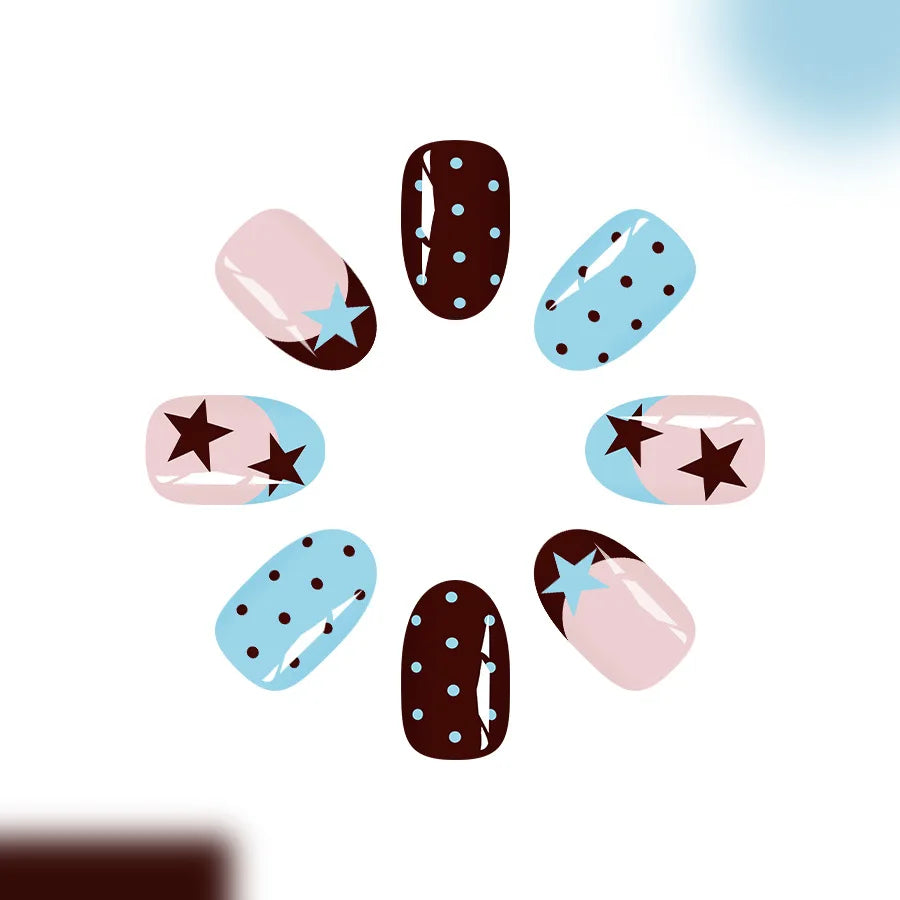 24pcs Five-Pointed Star Fake Nails Blue French Dark Brown Press on Nail Short Oval Polka Dot False Nail for Women&Girl Nail Art