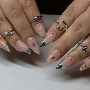 24PCS Simple Nude Almond Fake Nail with Glue Silver Star Patterns French Press on Nail Full Cover Ins Style Wearable False Nail