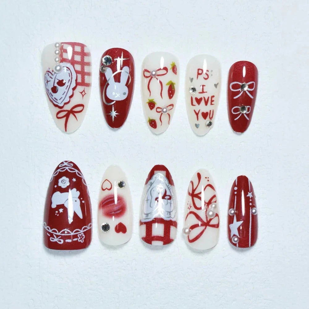 30Pcs Butterfly Cartoon Rabbit Press on Nails Medium Almond Fake Wine Red Almond Rhinestone Pearl Design DIY Fingernails Y2K