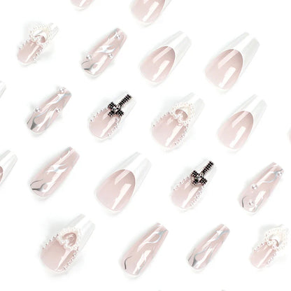24Pcs Pearl heart Press on Nails Cross French Long Style Fake Nail for Women&Girl Removable Wearable Nail Art