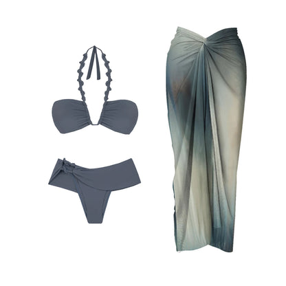 2Pcs Striped Swimsuit With Long Skirt Sexy Women Bikini Push Up Swimwear Halter Biquini Female Bathing Suit Slimming Beachwear