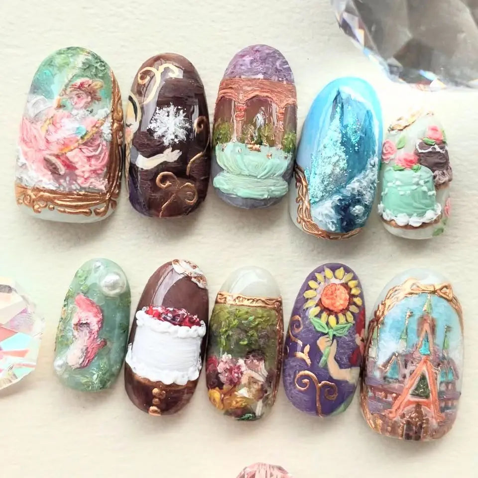 24pcs Wine Red Almond False Nails Art Smudge Flower Design Short Press on Nails Tips Wearable Golden Lines Fake Nail Finished