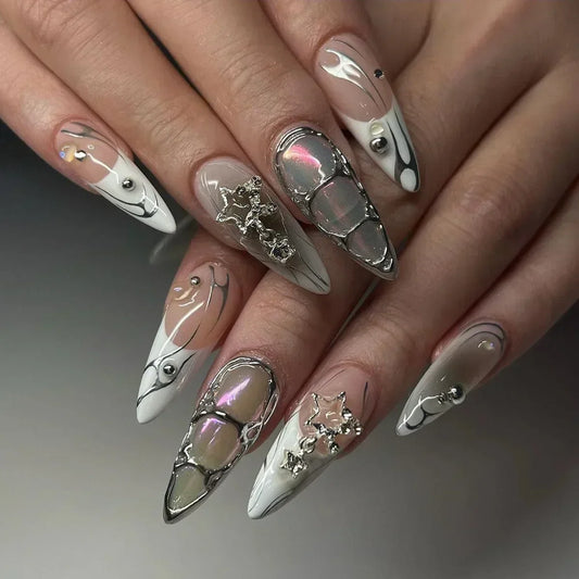 24Pcs Y2k Almond Acrylic Nails Full Cover 3D Diamond Black Nail Art Sweet Cool French Wearable Fake Nail Manicure Tips for Girls