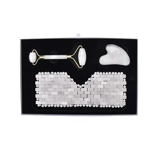 3Pcs Natural Jade Eye Mask Rose Quartz Jade Roller And Guasha Board Massager Set Cold therapy Scraper Skin Care With Box