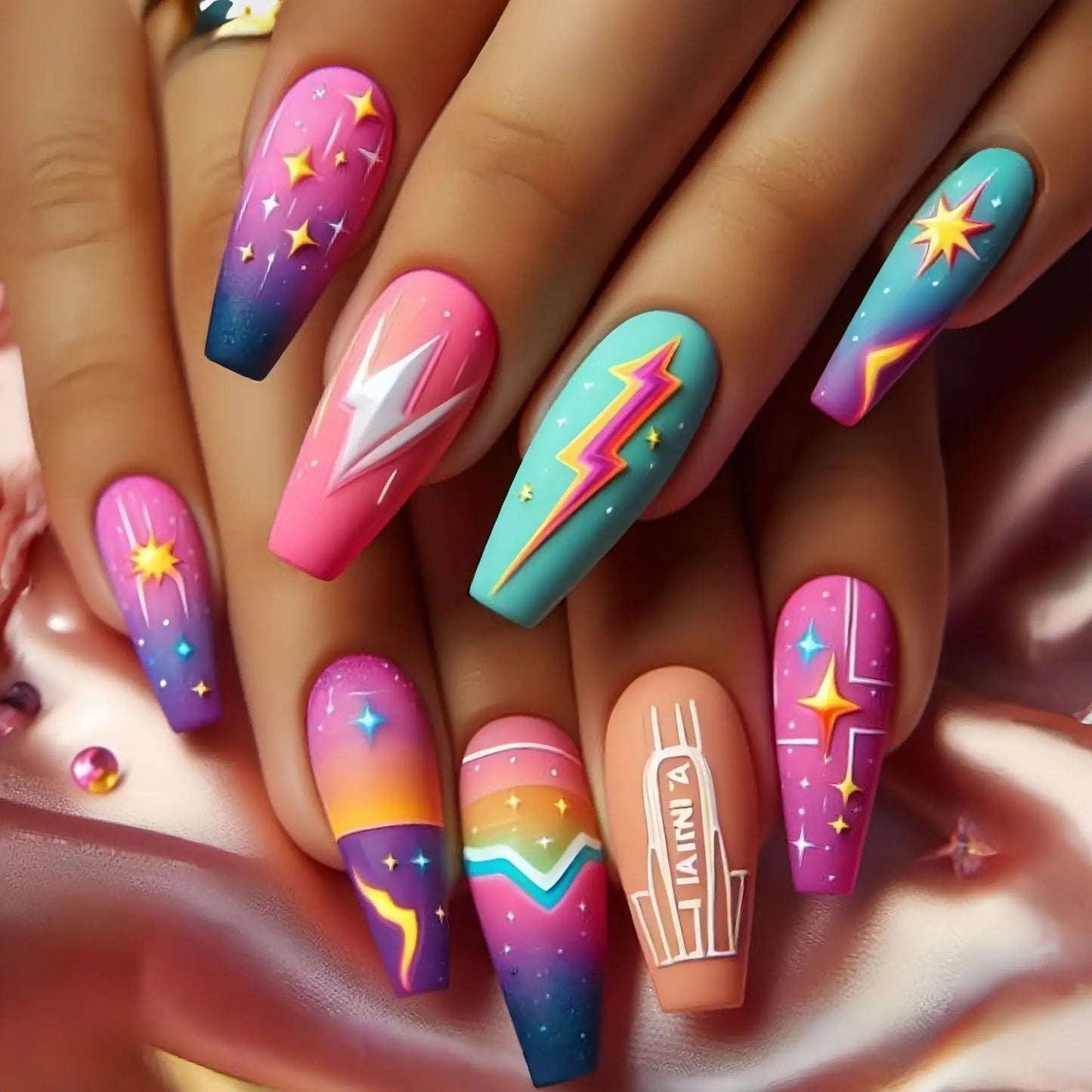 Medium fake nails for women gilrs gradient blue pink starry sky star moon Y2K design Almond nail tips press on false nail set