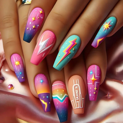 Medium fake nails for women gilrs gradient blue pink starry sky star moon Y2K design Almond nail tips press on false nail set