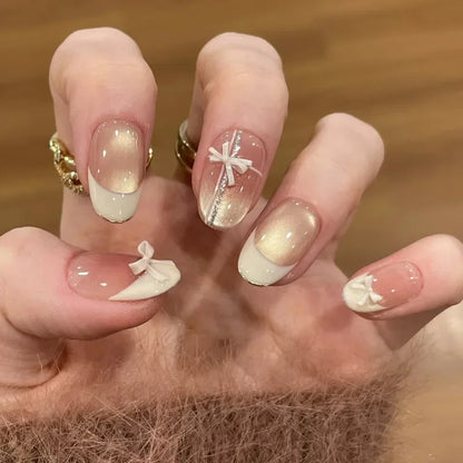 24PCS Cute Red Bowknot Short Oval Press on Nail with Glue Cartoon Cat Glossy French Fake Nails for Girls Wearable Ins Nail Tools