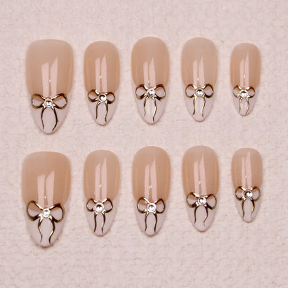 10Pcs Handmade Manicure Medium Almond Fake Nails Unique 3D New Cut bow Flowers Press On Nails Design with Adhesive Nail File Set