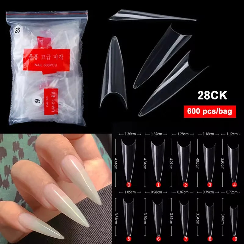 Super Long Sharp Nail Tips Fake Natural Transparent False Nails Durable Extension Acrylic UV Gel Manicure Salon Tools Supplies