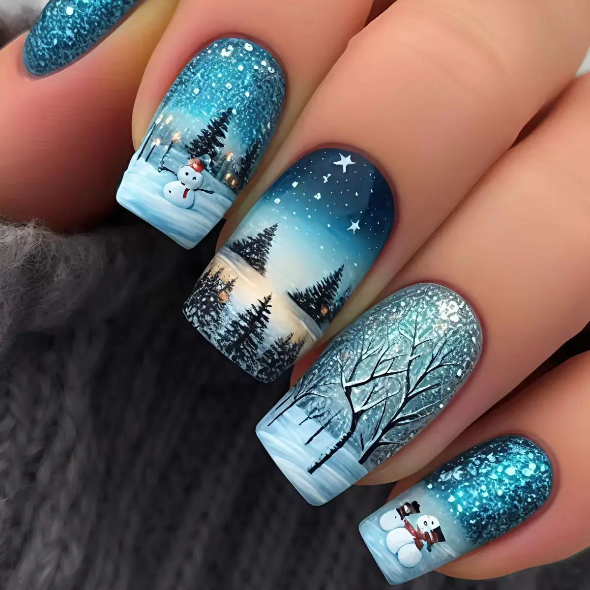 Medium Long fake nails for Christmas Black red blue nail tips white snowflakes fireworks Square almond tips press on false nails