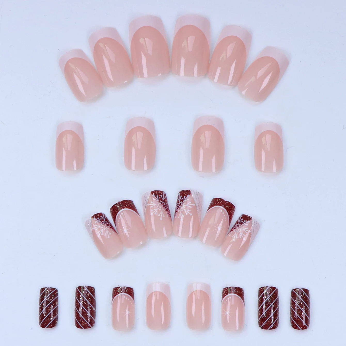 24PCS Short Square False Nails With Snowflake Stripe Design, Christmas Red Glitter False Nails covering Christmas Gift