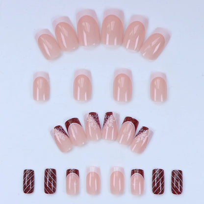 24PCS Short Square False Nails With Snowflake Stripe Design, Christmas Red Glitter False Nails covering Christmas Gift
