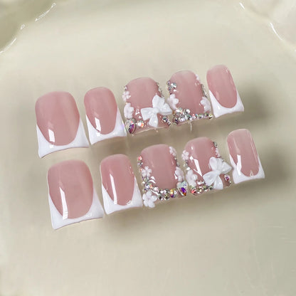 10pcs Pink Duckbill Handmade Press on Nails Art Simple White French Short Fake Nail Wearable Rhinestones Design False Nails Tips