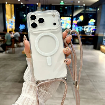 Crossbody Lanyard Necklace Rope Clear Case For iPhone 13 14 Plus 15 16 17 Pro Max For Magsafe Magnetic Wireless Charging Cover