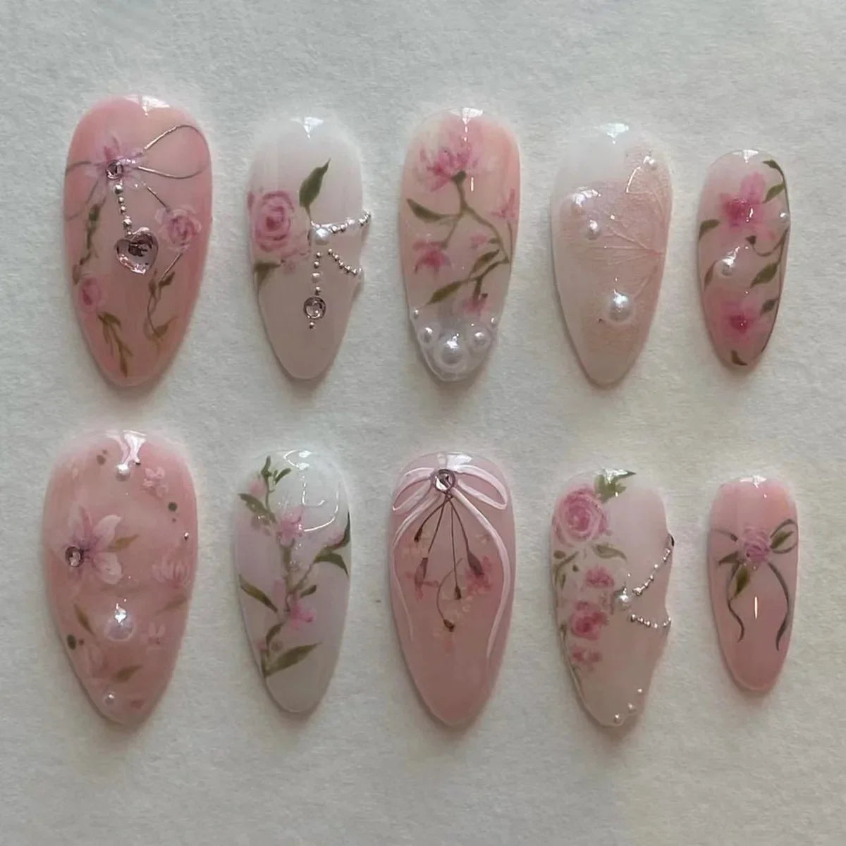 24PCS Wine Red Almond Press on Nails Cartoon Rabbit Bowknot with Plaid Pearl Designs French Fake Nails for Girls Detachable Nail