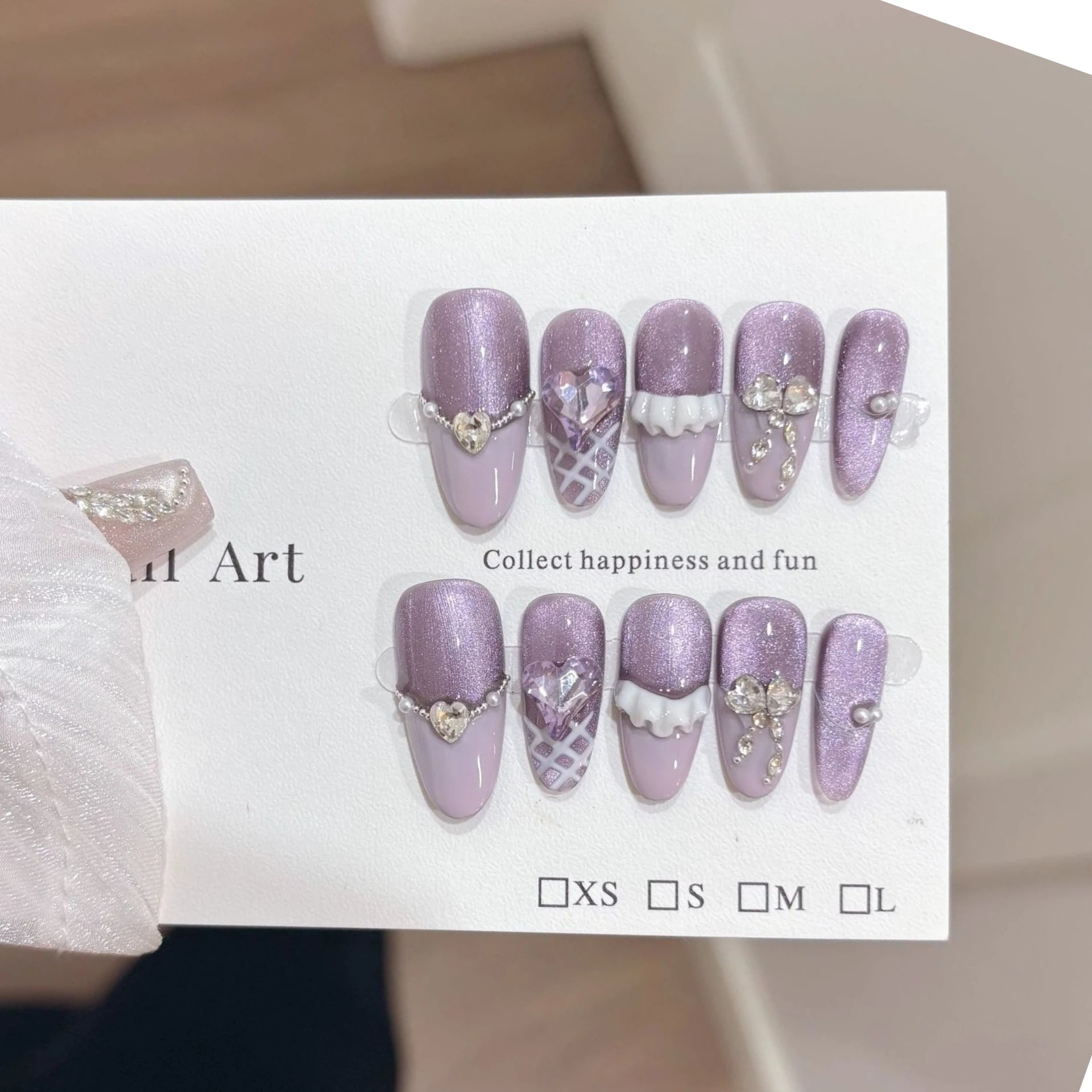 10pcs French Almond Handmade Press on Nails Purple Cat Eye Fake Nails Love Rhinestone False Nail Artificial Nail Накладные Ногти