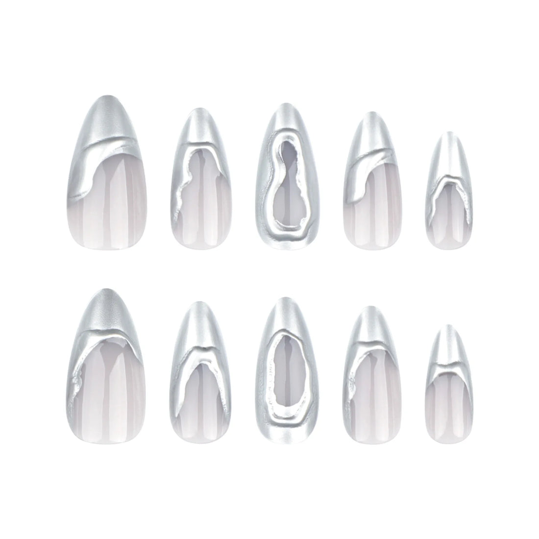 24pcs French Sliver Fake Nails 3D Sliver Mirror Design Almond Press on Nails for Girls Full Cover Wearable Y2k False Nail Tips