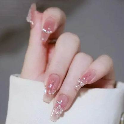 24Pcs Short Ballerina False Nail Tips with Pearl Detachable French Fake Nails Pink Cute Full Cover Press on Nails Manicure Tools