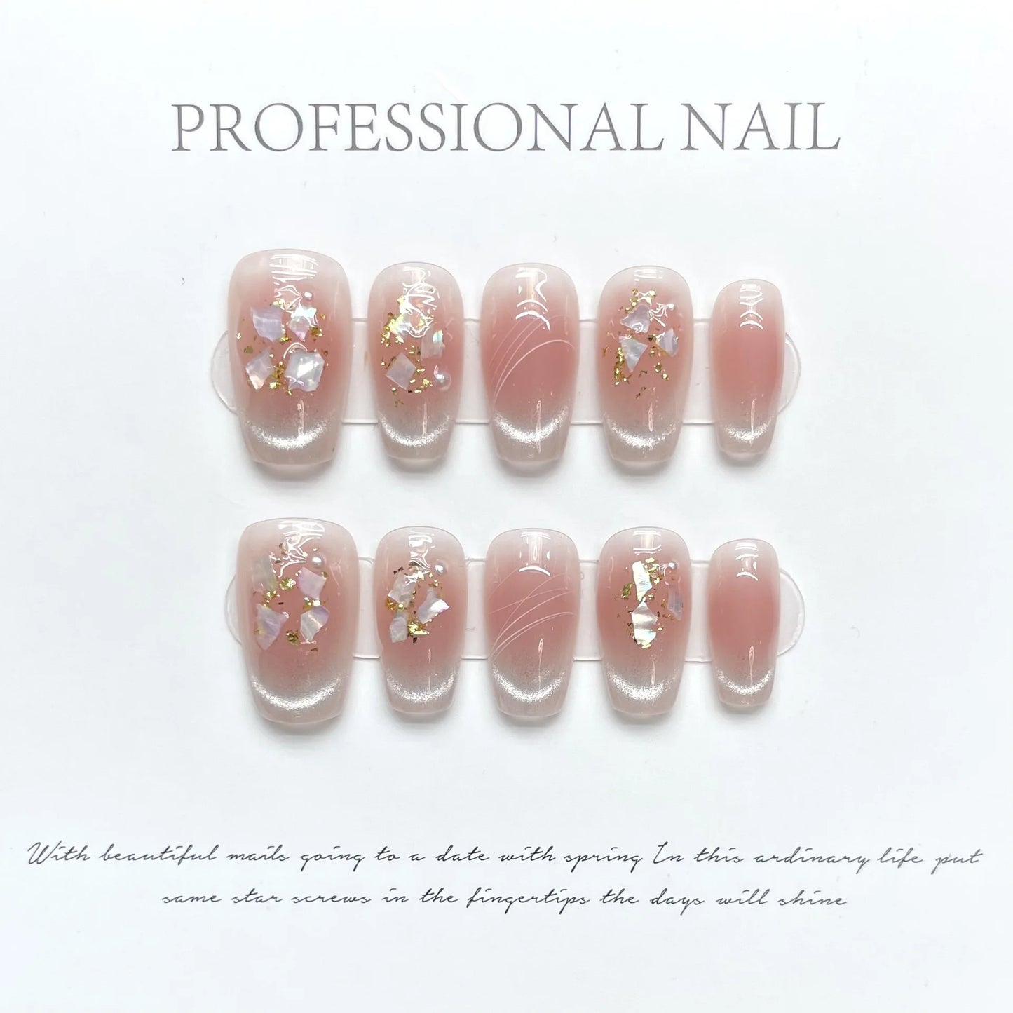 10Pcs Reuse Finished Fake Nails with Butterfly Deisgn Pink Cat's Eye French Handmade Press on False Nails Wearable Nail Art Tips