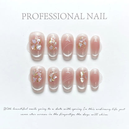 10Pcs Reuse Finished Fake Nails with Butterfly Deisgn Pink Cat's Eye French Handmade Press on False Nails Wearable Nail Art Tips