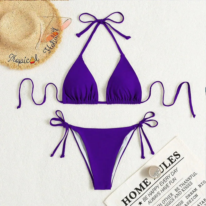 Bikini three-point swimsuit sexy drawstring strap halter bikini solid color lace-up split swimsuit