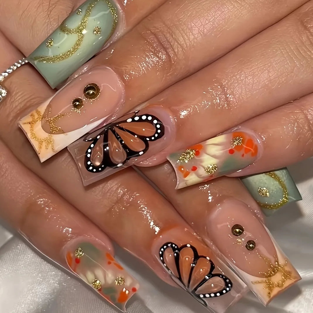 24pcs Press on Nails Flower Design Mid-length Ballet False Nail Fashion Brown Full Cover Manicure Tips Datachable Fake Nails Set