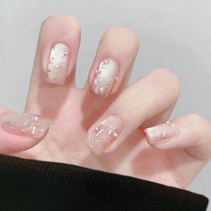 24Pcs Glitter Diamond Press On Nails Sweet Cute Girl Acrylic Nails Full Cover Short Square Fake Nails Wearable Manicure Nail Tip