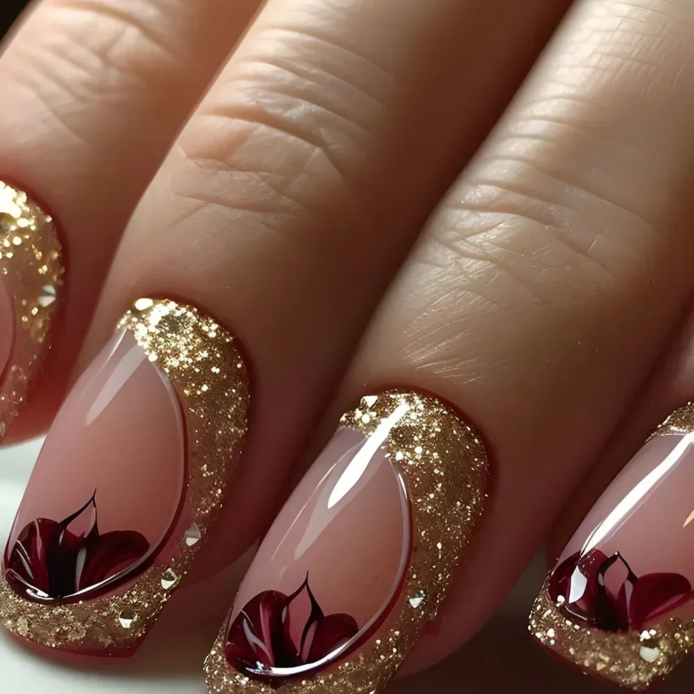 24Pcs Ladder-shaped Ballet False Nails with Glue Stripe Floral Nail Art Ombre French Press on Acrylic Nail Tips for Spice Girls