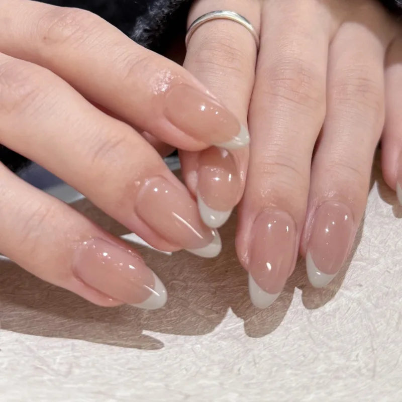 Nude Color Press On Nails 24Pcs Short Almond Fake Nails White French Tip Wearable False Nails Patches Women Girls DIY Manicure