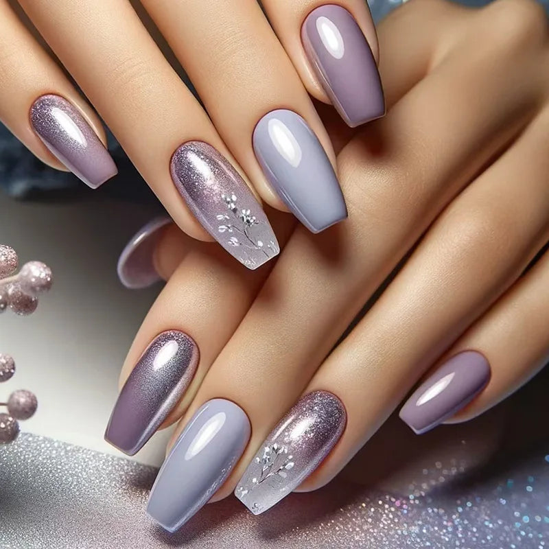 24Pcs Fashion Fake Nails Press on Long Ballet False Nails Art with Flower Design Brown Detachable Full Cover Nail Tips Manicure