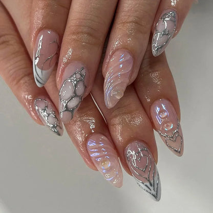 24Pcs Solid Color Grey Almond Fake Nail Cat's Eye Design Wearable Round Head False Nails with Shiny Powder Press on Nails