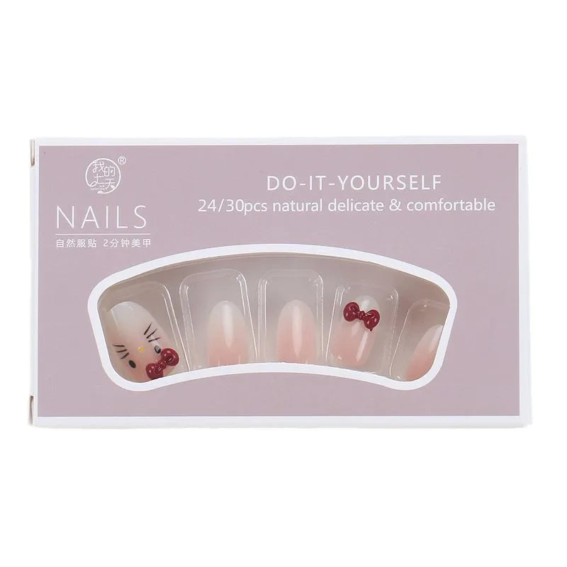 24PCS Cute Red Bowknot Short Oval Press on Nail with Glue Cartoon Cat Glossy French Fake Nails for Girls Wearable Ins Nail Tools