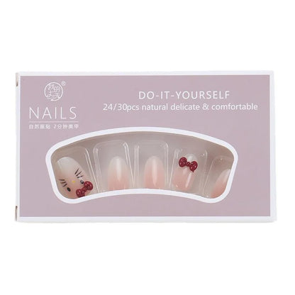 24PCS Cute Red Bowknot Short Oval Press on Nail with Glue Cartoon Cat Glossy French Fake Nails for Girls Wearable Ins Nail Tools