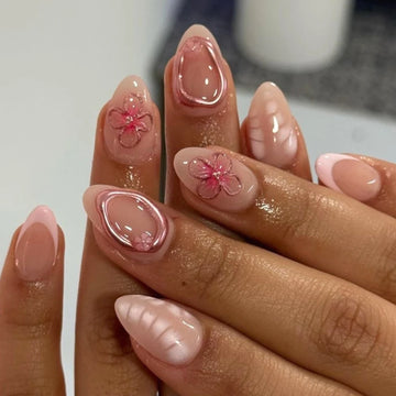 Pink Magic Mirror French 3D Flowers Nail Art Fashion Almond Wearable False Nails Detachable Finished Fake Nails Press on Nails