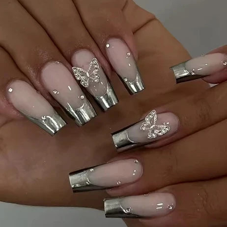 24Pcs Gold French Border False Nails Long Coffin False Nails with Rhinestones Ballerina Full Cover Nail Tips Press on Nails