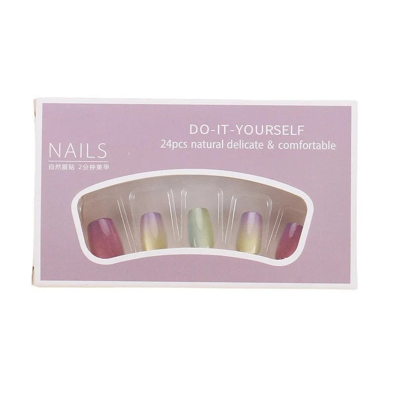 30Pcs Rainbow Color Glow Cat Eye Press on False Nails with Glue Glitter Short Square Nails Sweet Cool Gradient Summer Fake Nails
