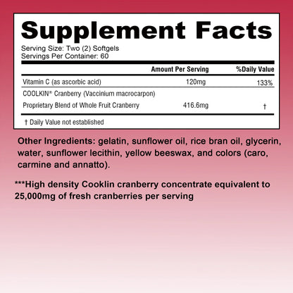 Cranberry - with Vitamin C - Supports Urinary & Immune Health, Bladder Control, Promotes Healthy Kidney Function - 120 Capsules