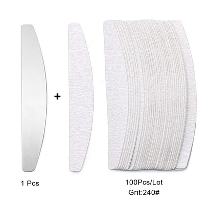 100 Pcs/Lot Replacement Nail Files 80/100/180/240 Grit Half Moon Grey Sandpaper Pads With Metal Handle Removable Durable Files