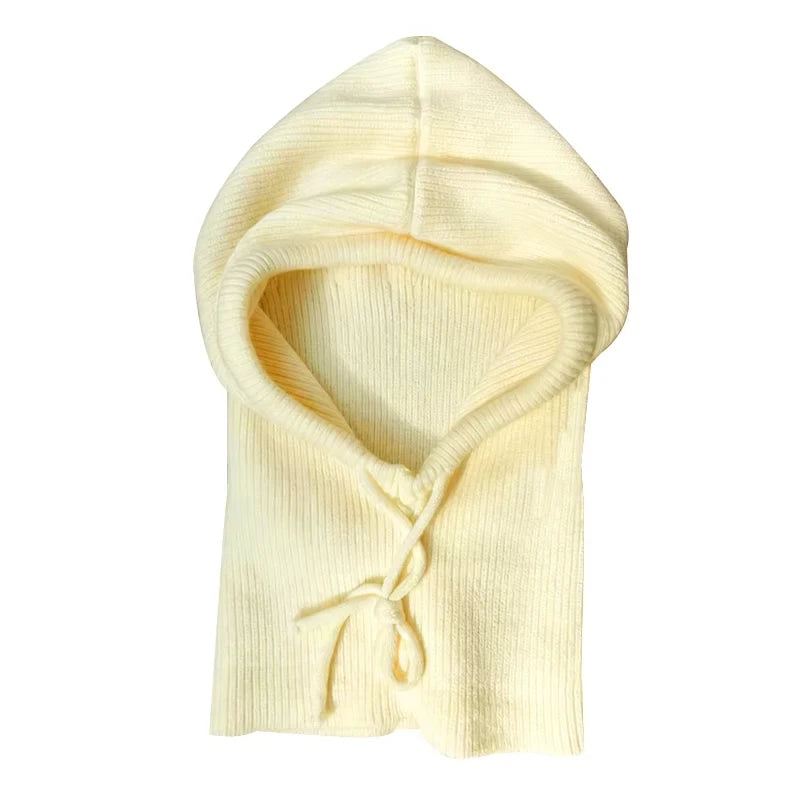 Knitted Hooded Scarf Hat Knit Balaclava Korean Outdoor Style Warm hooded scarf with adjustable drawstring