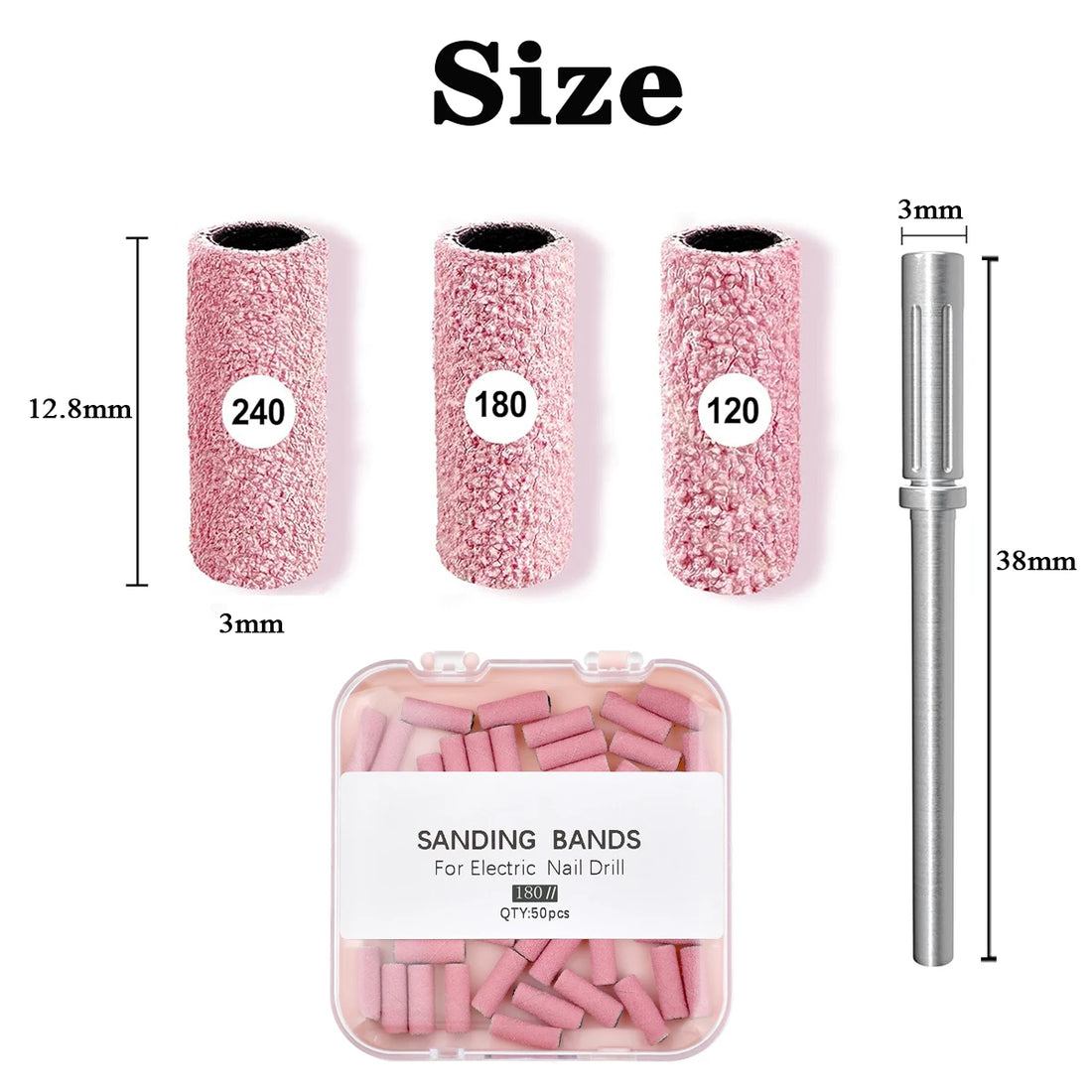 Pink 3MM Sanding Bands 50 Pcs With Mandrel Bit Se 180 Fine Grit Small Nail Files Sanding Band for Acrylic Nails Gel Manicure