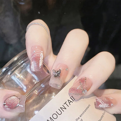 24Pcs Glitter Diamond Press On Nails Sweet Cute Girl Acrylic Nails Full Cover Short Square Fake Nails Wearable Manicure Nail Tip