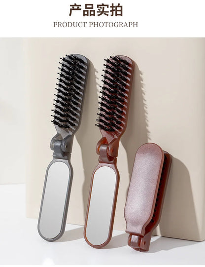 1Pc Foldable Bristle Comb with Mirror Mane Bristle Hair Brush Portable Pocket Collapsible Travel Massage Salon Hair Styling Tool