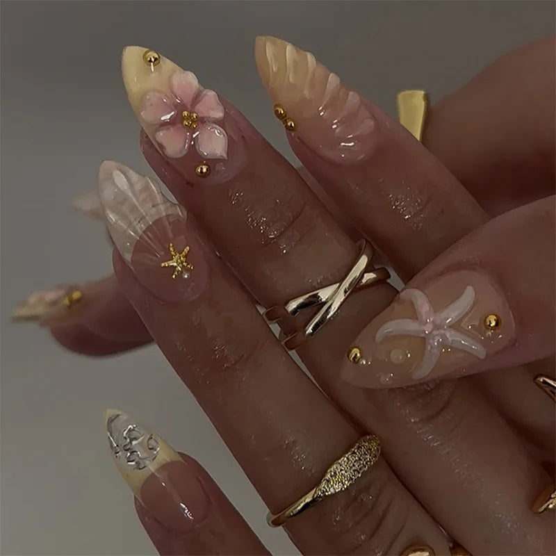 24pcs Mid-length Almond Press on Nails Sets Wearable Gradient Pink Flower Pearl Design False Nail French Fake Nail Finished Tips