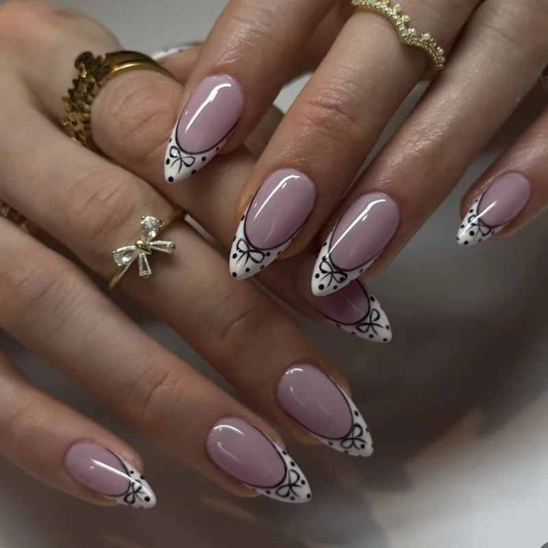 24pcs French Simple Fake Nails Ins White Edge Nude Color False Nail Tips Almond Stick on Nail Patch for Girl Lady Manicure Tools