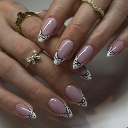 24pcs French Simple Fake Nails Ins White Edge Nude Color False Nail Tips Almond Stick on Nail Patch for Girl Lady Manicure Tools
