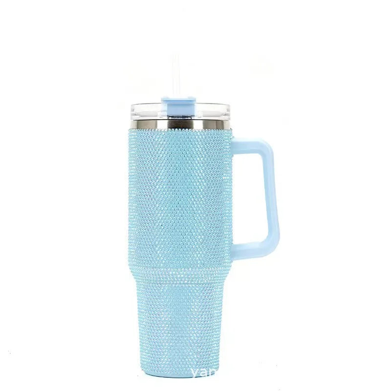 Diamond encrusted car cup coffee insulated cup 1200ml handle stainless steel straw Ice king cup portable insulated water bottle