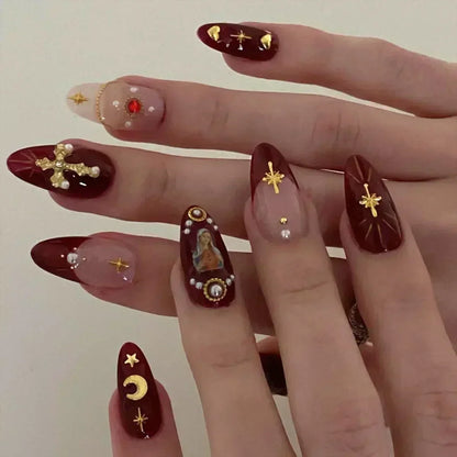 24Pcs False Nails Spicy Girl Silver Bow with Diamond Fake Nails with Glue Almond Press on Nails Black Cool Y2k Almond Nail Set