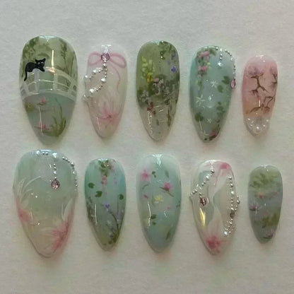 24Pcs Pink Almond False Nails Sweet Summer Fake Nail Cute Flowers Pearl Nails Press Ons Colorful Monet Press on Nails for Girls