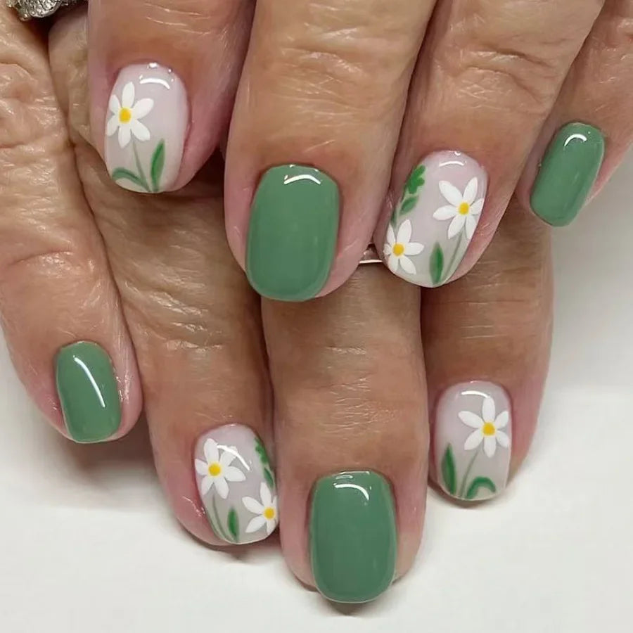 24pcs Short Square Press on Nails Jade Flower Sparkling Powder Designs Fake Nails with Glue Green Gradient Full Cover Nail Tips